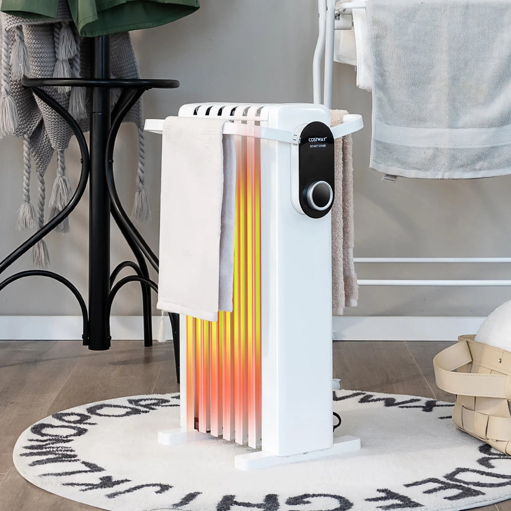 Costway 1500W Electric Space Heater Oil Filled Radiator Heater W/ Foldable Rack White