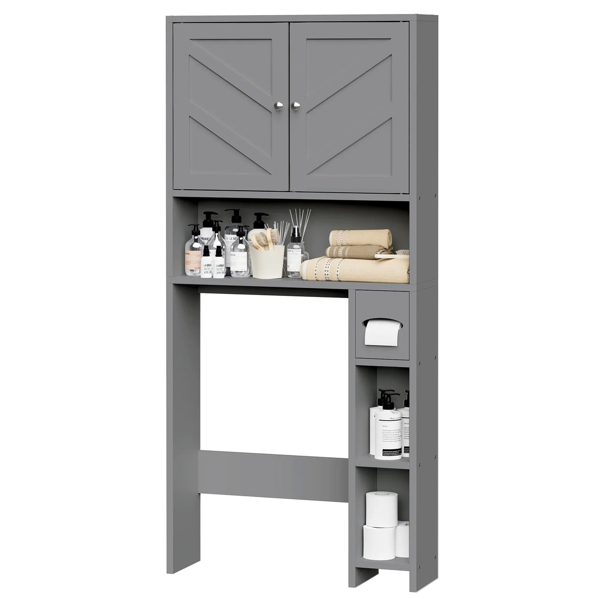 Walsunny Over the Toilet Storage Cabinet with Doors Side Storage Toilet Paper Holder Stand Space Saver Shelf Organizer Rack Freestanding for Restroom Bathroom Laundry Gray