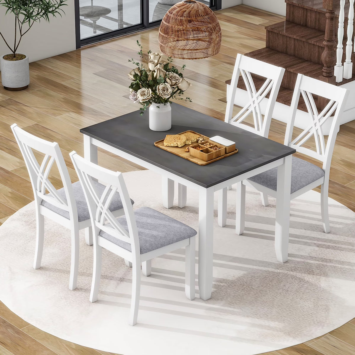 Seizeen Solid Wood Kitchen Table and Chairs, Dining Room Table Set for 4 with Gray Upholstered Chairs, Wood Grain Table Heavy-Duty Frame, Rustic Minimalist Style Breakfast Nook Set