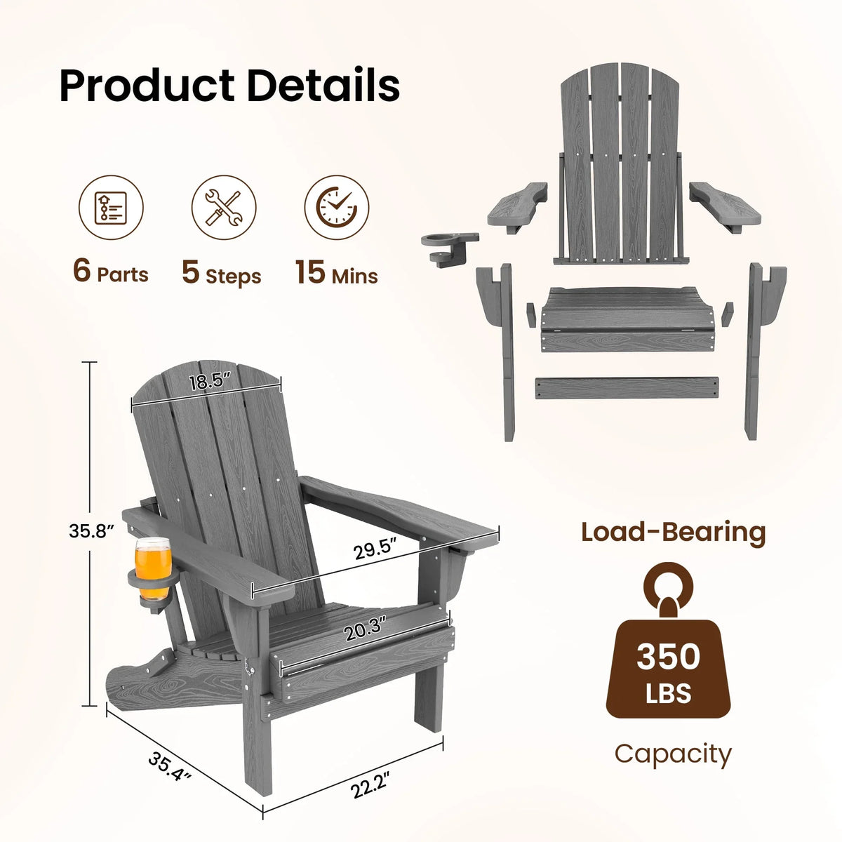 SERWALL Outdoor Adjustable Folding HDPE Adirondack Chairs Set of 2 with Cup Holder, Gray