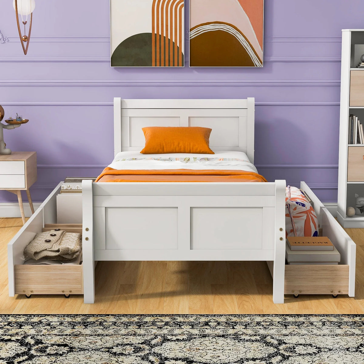 Full Size Wood Platform Bed with 4 Drawers,Storage Bed Frame with Streamlined Headboard and Footboard for Kids, Teens, Boys, Girls,Wooden Slats Support, No Box Spring Needed,Oak