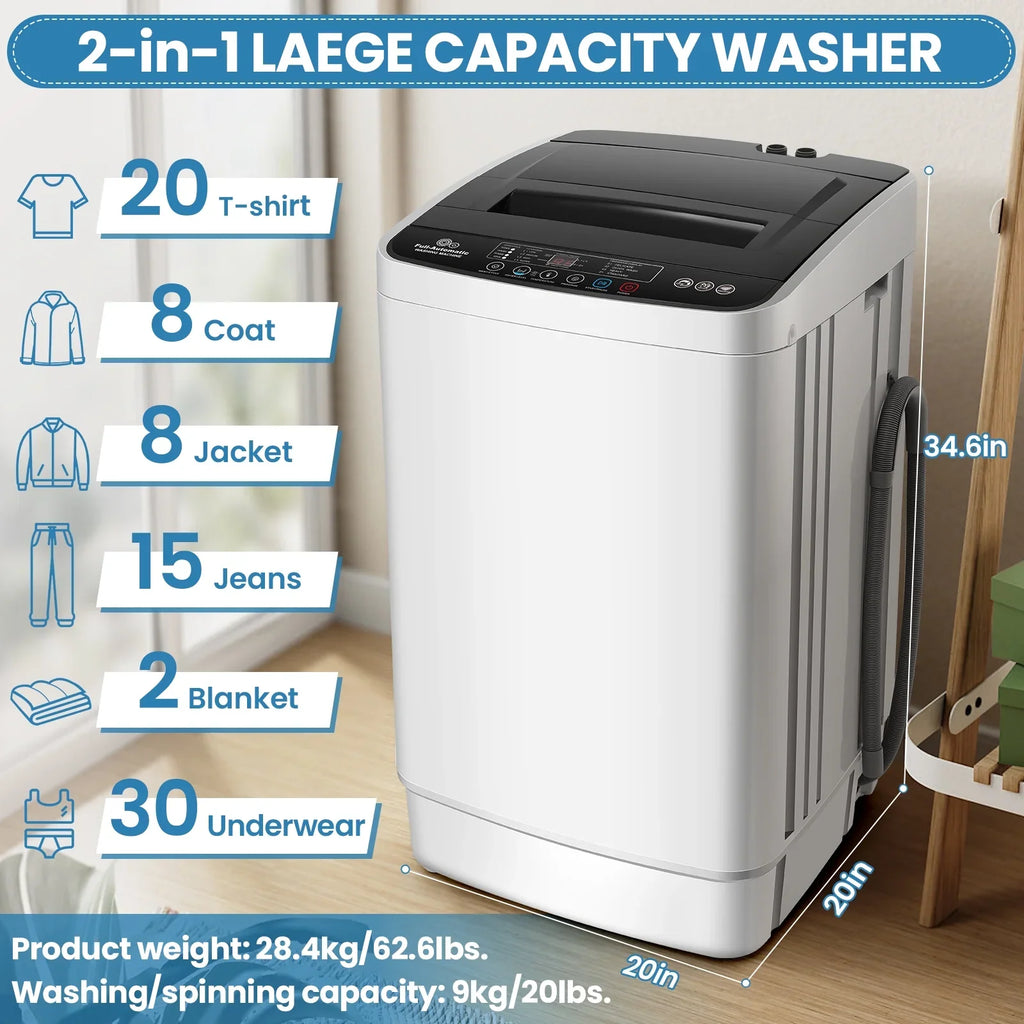 Veeboto 20lbs Fully Automatic Washing Machine, Washer Machine with 10 Wash Programs/8 Water Levels, Portable Washing Machine with LED Display & 1 Adjustable feet, White