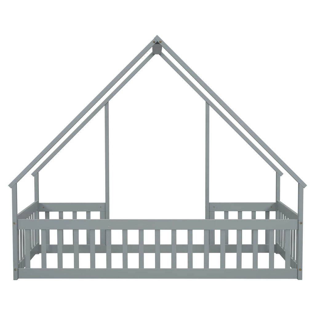 Bellemave Twin Size Floor Bed Frame, Wooden House Bed Twin Size with Fence, Montessori Bed with Guardrails for Bedroom (White)