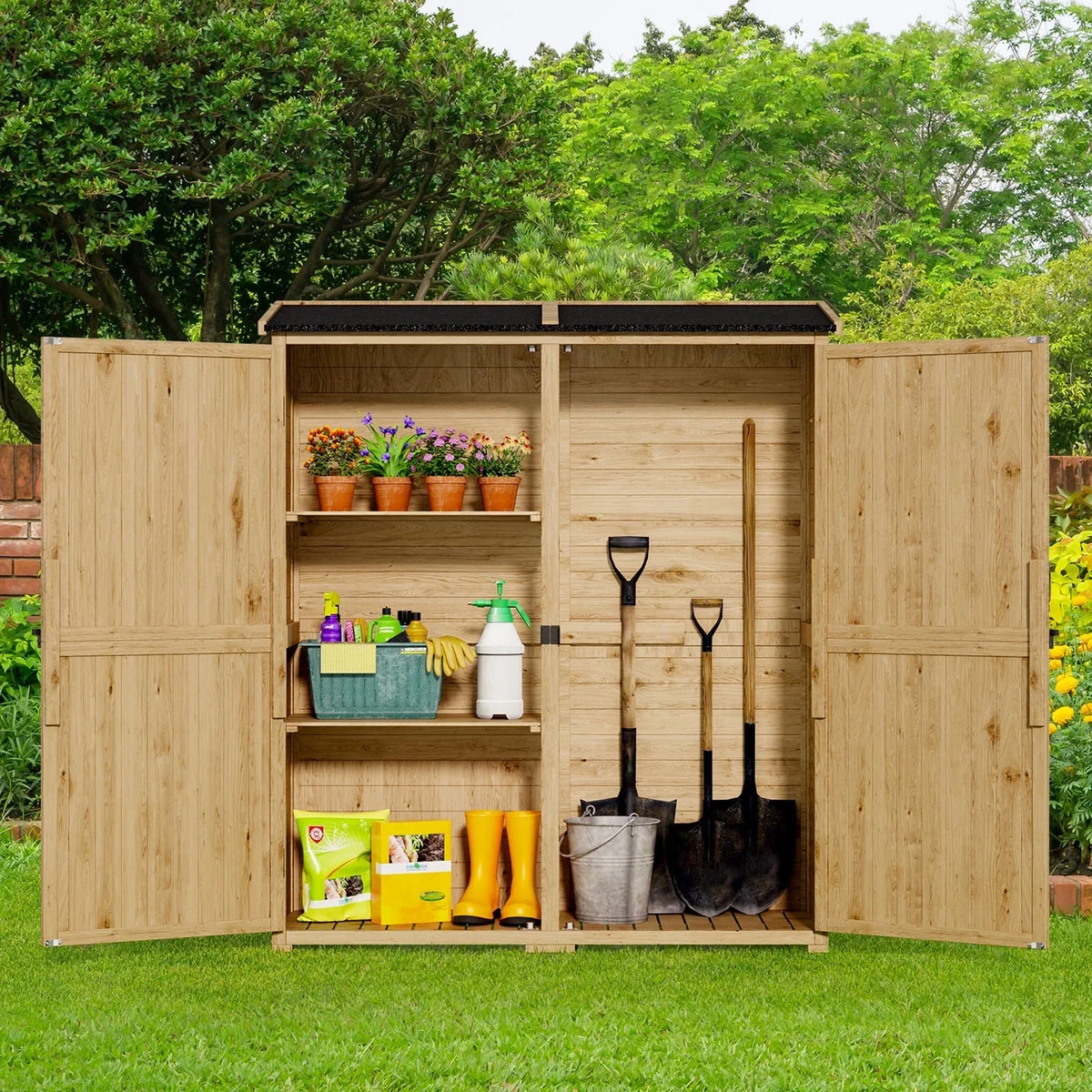 Outdoor Storage shed, Lofka Wooden Outdoor Storage Cabinet, with 2 Lockable Doors and Handles, 5.3ft x4.6ft, Natural