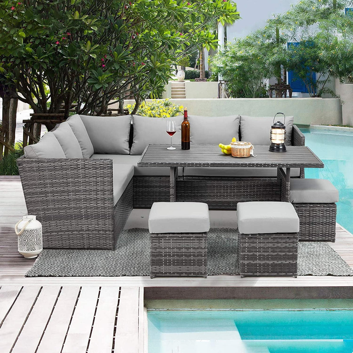 AECOJOY Outdoor 7-Piece Rattan Wicker Sectional Sofa Couch, Patio Dining Conversation Set, Gray