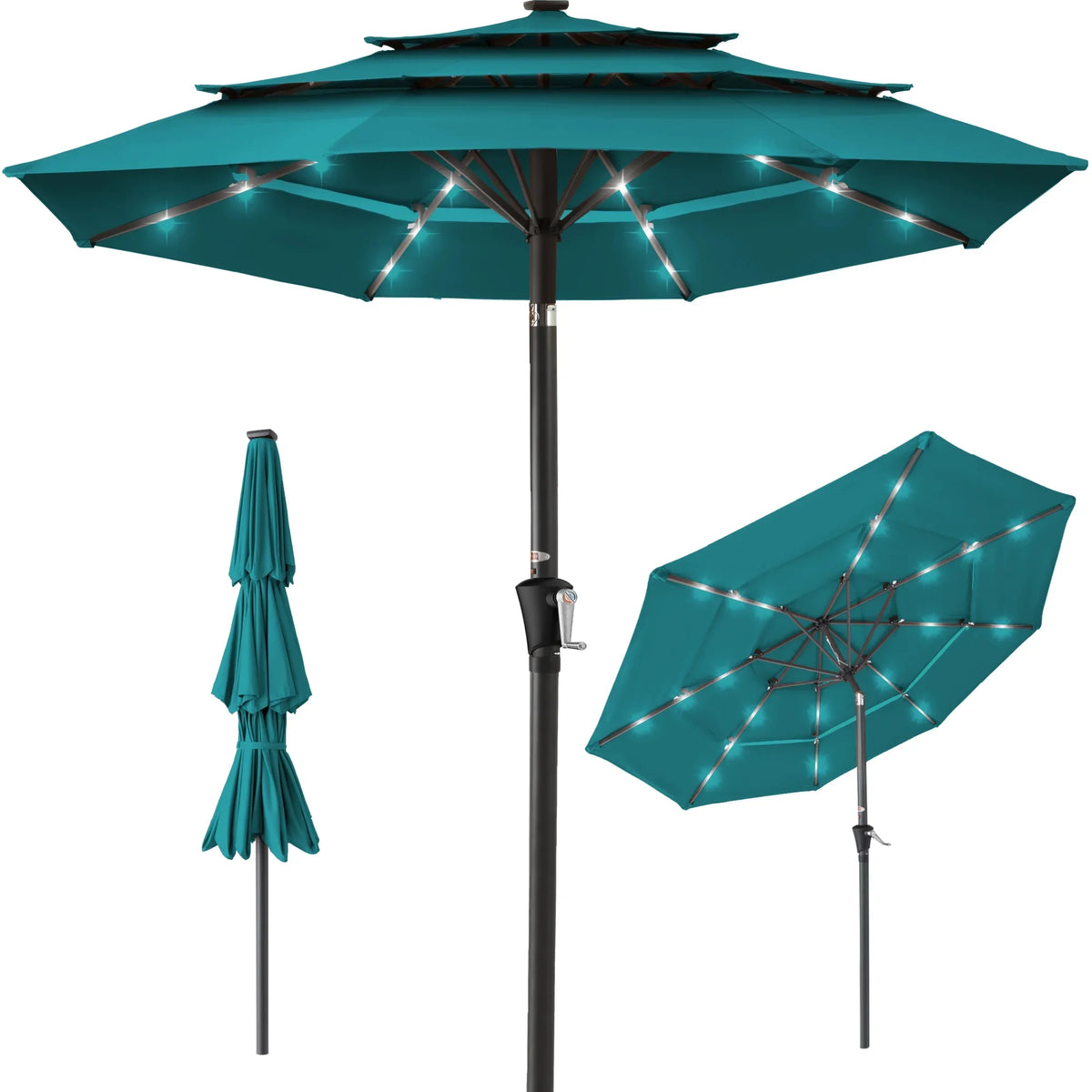 Best Choice Products 10ft 3-Tier Solar Patio Umbrella w/ 24 LED Lights, Tilt Adjustment, Easy Crank - Tan