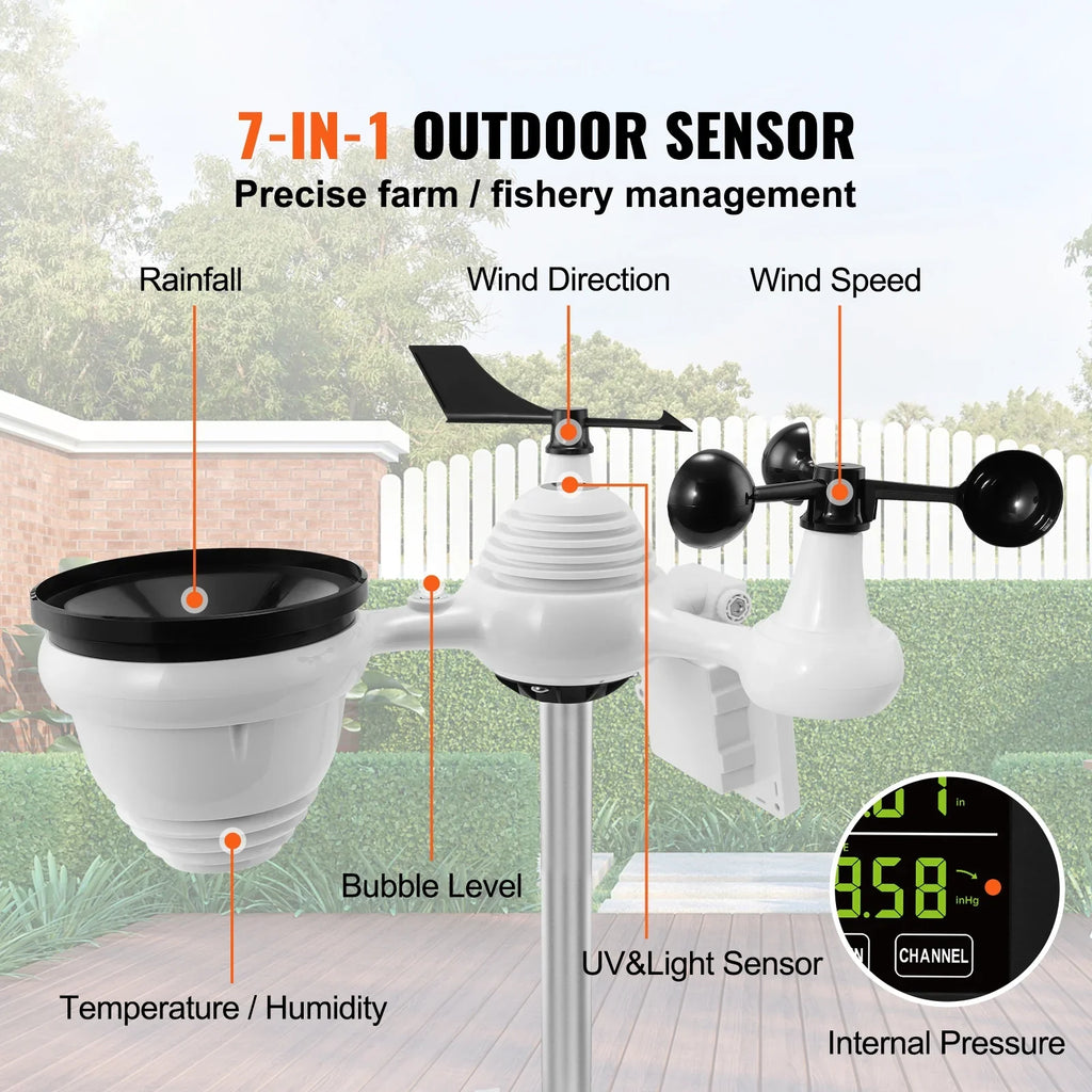 KFFKFF 7-in-1 Wi-Fi Weather Station 7.5-Inch Color Display Wireless Outdoor Sensor