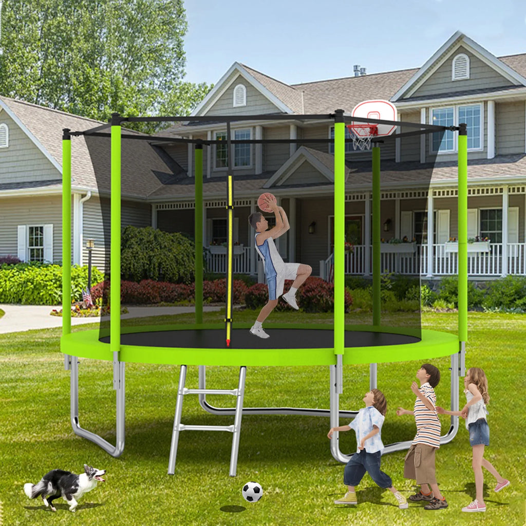 Alvantor Trampoline for Kids with Basketball Hoop, 10 Ft Backyard Round Trampolines with Enclosure Net, Age 3-10, Blue