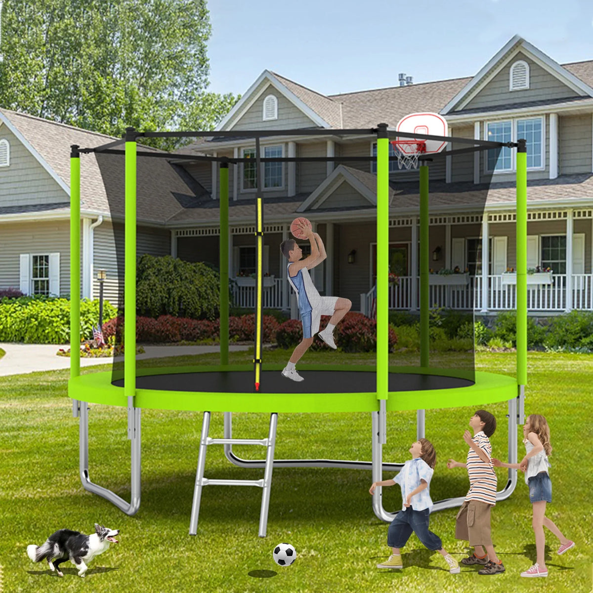 Alvantor Trampoline for Kids with Basketball Hoop, 10 Ft Backyard Round Trampolines with Enclosure Net, Age 3-10, Blue