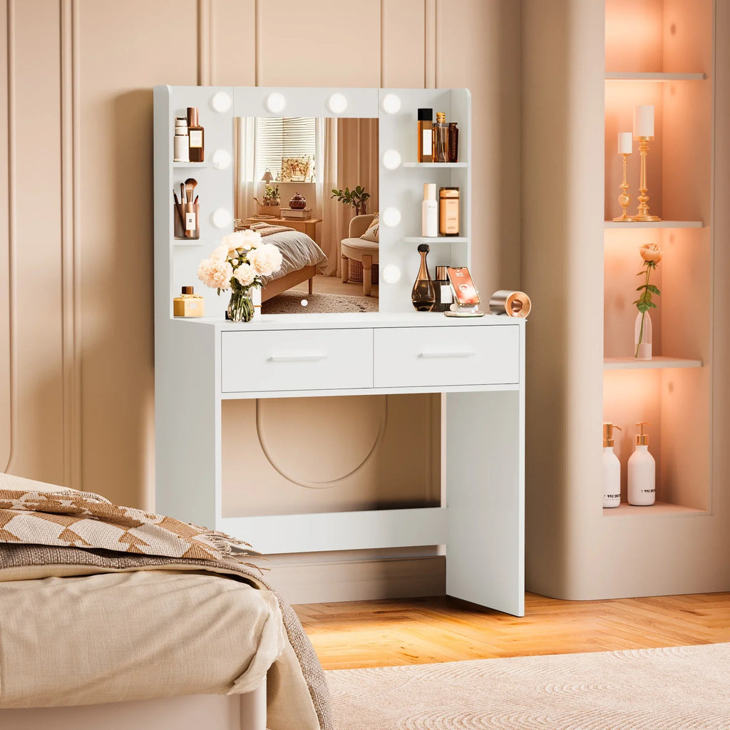 Furmax Makeup Vanity Table and Chair Set with 3 Modes Adjustable Lights and Mirror Vanity Desk with Shelves and Drawer, White