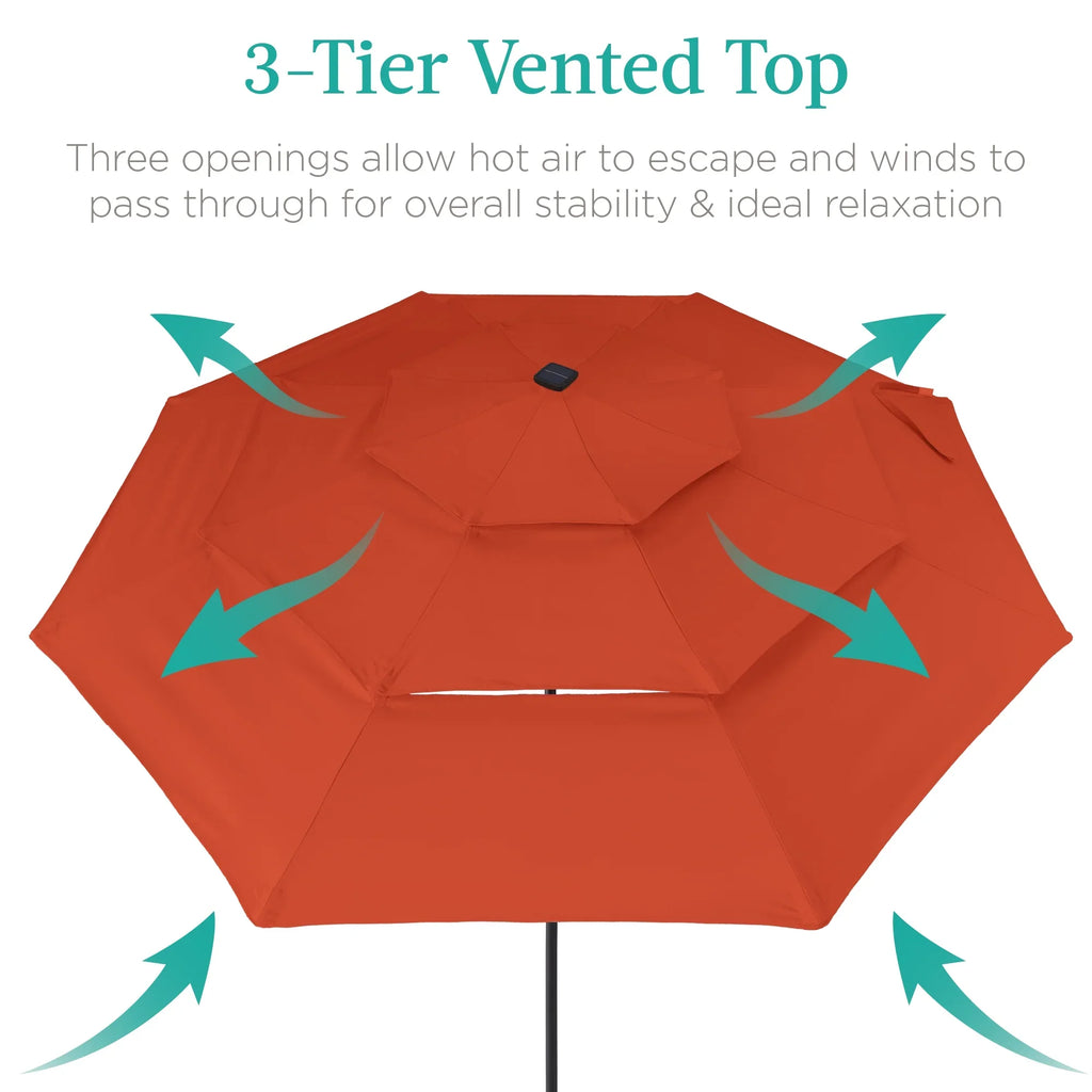 Best Choice Products 10ft 3-Tier Solar Patio Umbrella w/ 24 LED Lights, Tilt Adjustment, Easy Crank - Tan