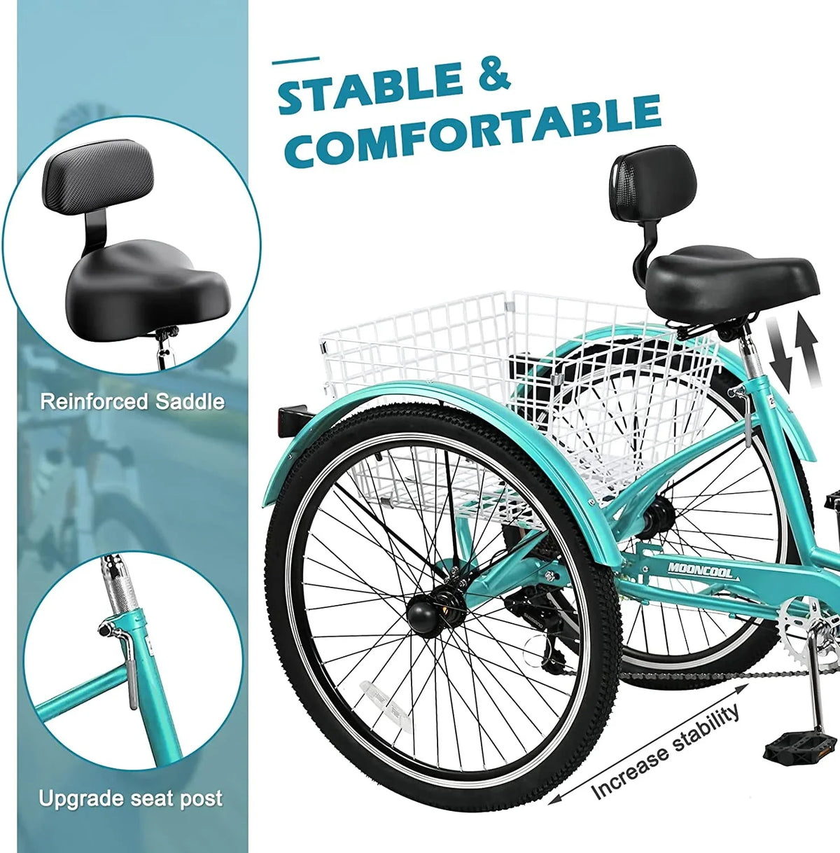 MOONCOOL Adult Tricycles with Rear Basket & Inflator, 24 26 inch 7 Speed 3 Wheel Bikes, Three-Wheeled Bicycles Adult Trike with Backrest for Seniors, Women, Men
