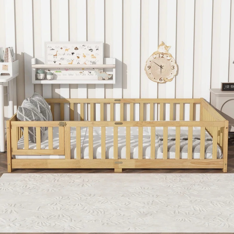 Bellemave Twin Size Floor Beds, Wood Montessori Bed with Fence Railings & Support Slats, No Box Spring Needed (Gray"