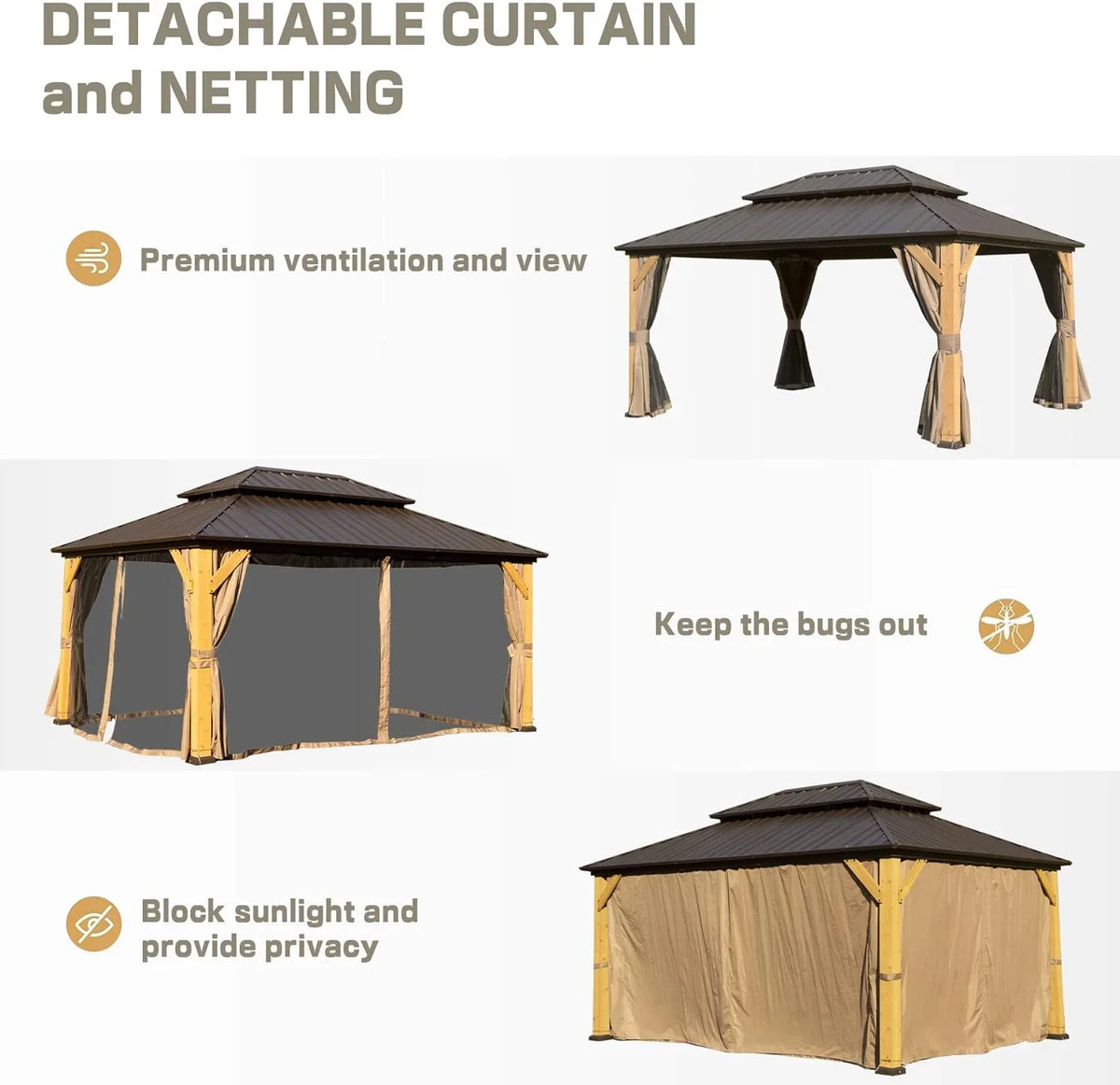 Domi 12x20 ft Wood Gazebo, Cedar Wood Frame Hardtop Gazebo with Galvanized Steel Double Roof, Outdoor Gazebo with Netting and Curtains, Patio Gazebo Pergola Pavilion for Patio, Backyard, Deck, Lawns