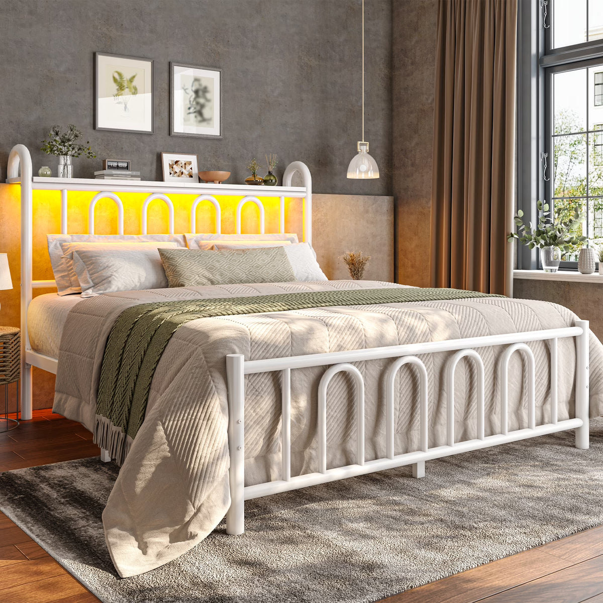 EnHomee Queen Size Metal Platform Bed Frame with Headboard Metal Bed Frame with LED Lights Queen Bed Frame with Underbed Storage,Black