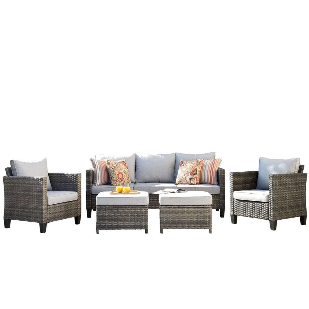 Ovios 5 Pieces Outdoor Patio Furniture Set Wicker Rattan Outdoor Conversation Comfortable Sectional Sofa with Steel Frame, Grey