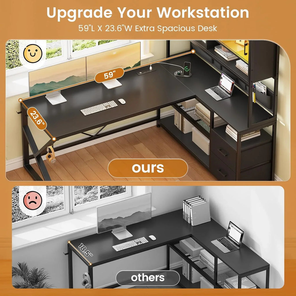 L Shaped Computer Desk with 2 Drawer and Bookshelf, L Shaped Gaming Desk with LED Light, Black