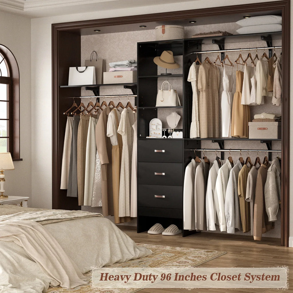 Homieasy 96 Inches Closet System, 8FT Walk In Closet Organizer with 3 Shelving Towers, Heavy Duty Clothes Rack with 3 Drawers, Built-In Garment Rack, 96" L x 16" W x 75" H, White