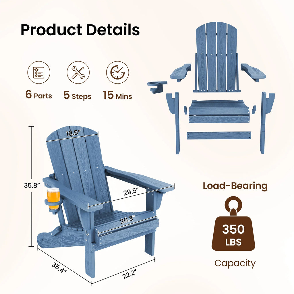 SERWALL Outdoor Adjustable Folding HDPE Adirondack Chairs Set of 2 with Cup Holder, Gray