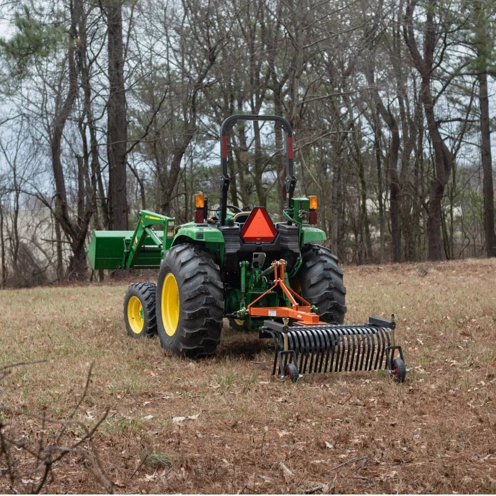 Titan Attachments 3 Point 5 FT Landscape Rake with Bolt-On Wheels for Compact Tractors, Fits Category 1 Hookup, Tow-Behind Garden Tool, Landscaper, and Grass Comb