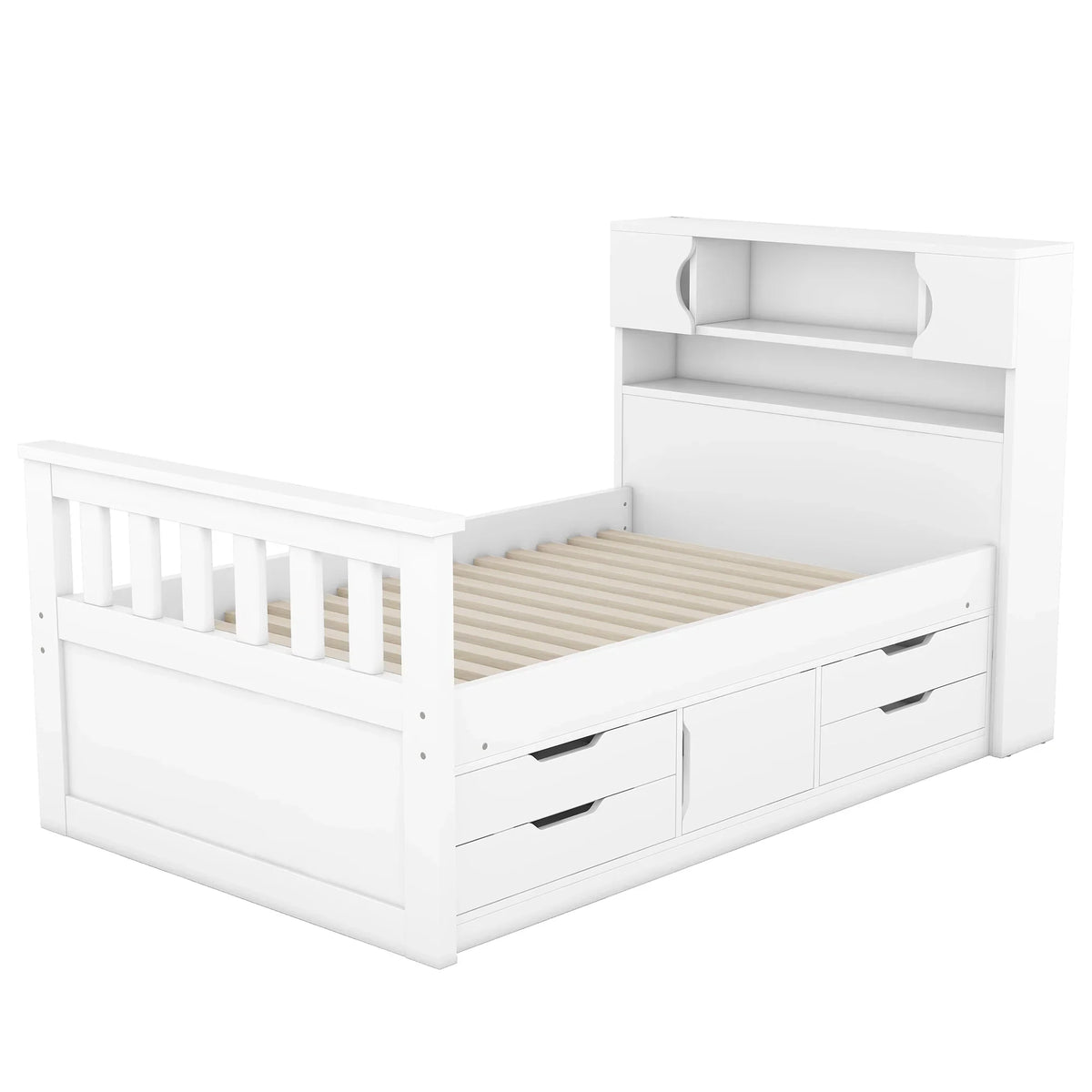 Euroco Wood Twin Size Platform Bed with Storage Headboard, Captain Bed with 4 Drawers, Bookcase and Cabinets, Gray