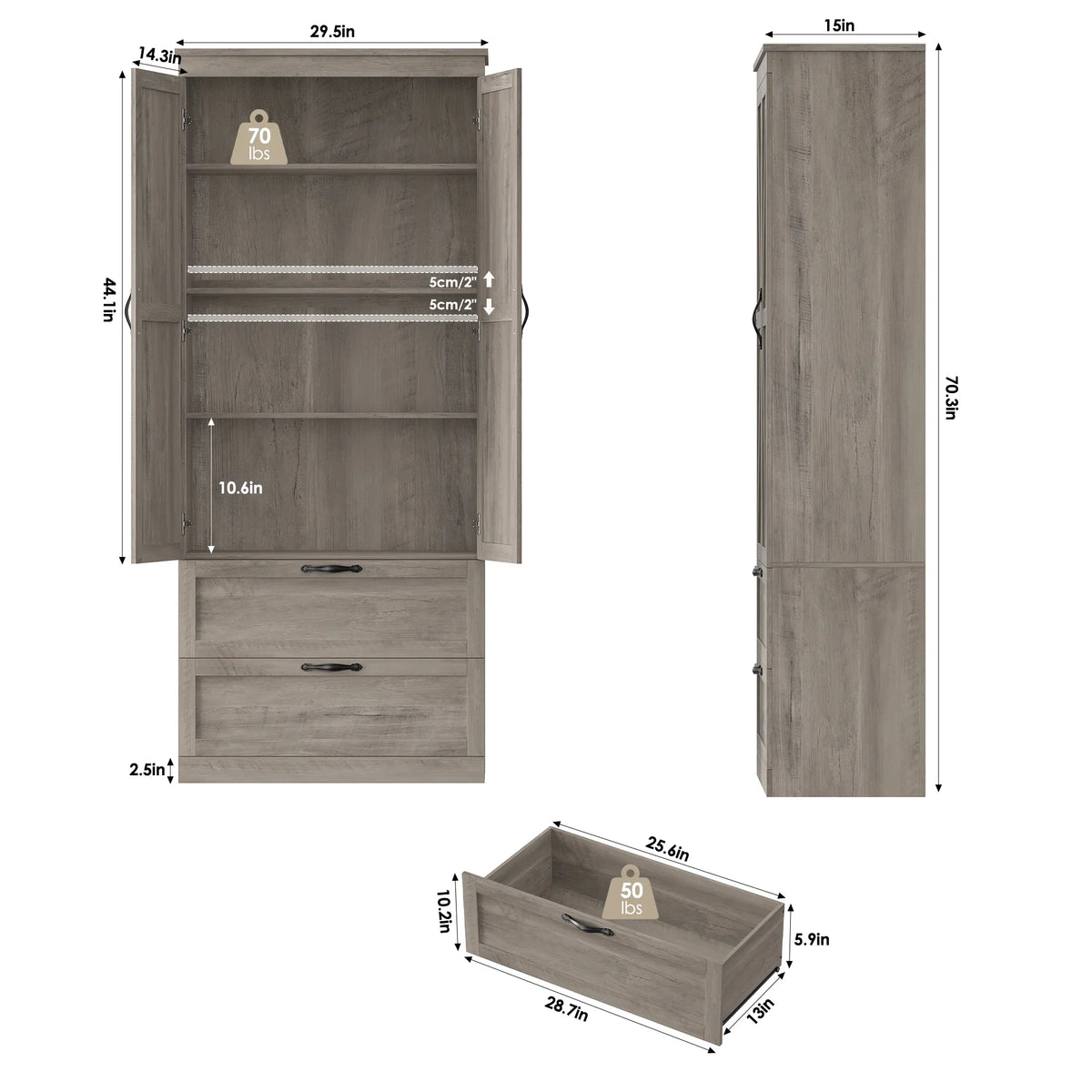 Homfa 70.3"H Bathroom Storage Cabinet, Farmhouse Linen Storage Cabinet with 2 Drawers, White
