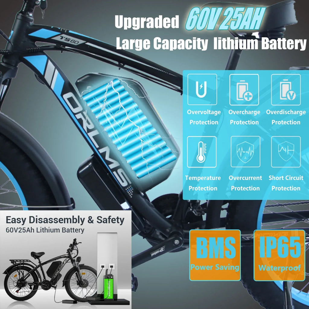 (US in Stock) 5000W Peak Dual Motor Electric Bike for Adults, 60V 25AH Removable Battery Ebike, 50MPH AWD 21-Speed Mountain Snow E-Bike with 26" x 4.0 Fat Tire, Long Range Mountain Off-Road EBikes