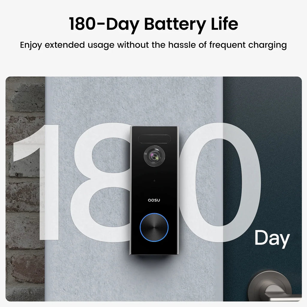 AOSU 2K Wireless Doorbell Camera with Chime, No Monthly Fee, 180-Day Battery Life, Wi-Fi Video Doorbell with PIR Motion Detection, IR Night Vision, 2-Way Audio, Work with Alexa & Google Assistant