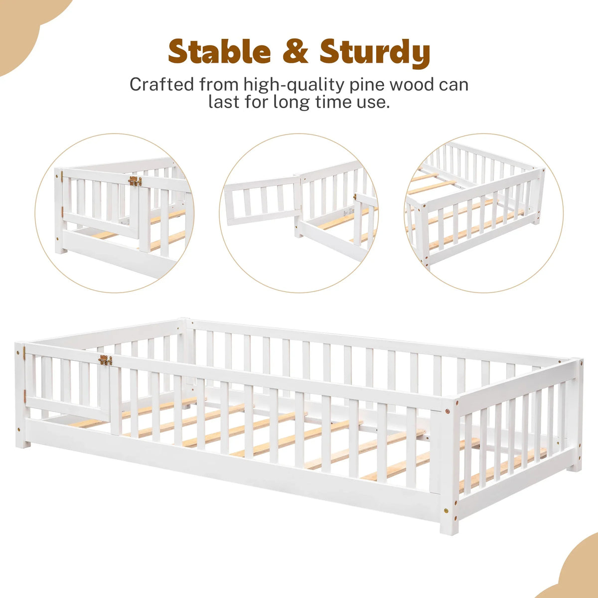PAPROOS Twin Size Floor Bed, Solid Wood Toddler Bed with Slat, Fence Guardrail and Door, No Box Spring Needed, Montessori Bed, Twin Bed for Kids, Boys, Girls, Gray