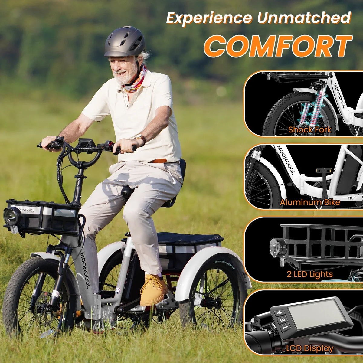 MOONCOOL TK1 Folding Electric Tricycle for Adults,48V 14.5Ah Removable battery, 500W"Peak 1000w"Motor, 20" Fat Tire Step-Thru 3Wheel Electric Bicycle w/Front&Rear Baskets, Certified to UL 2849 by SGS