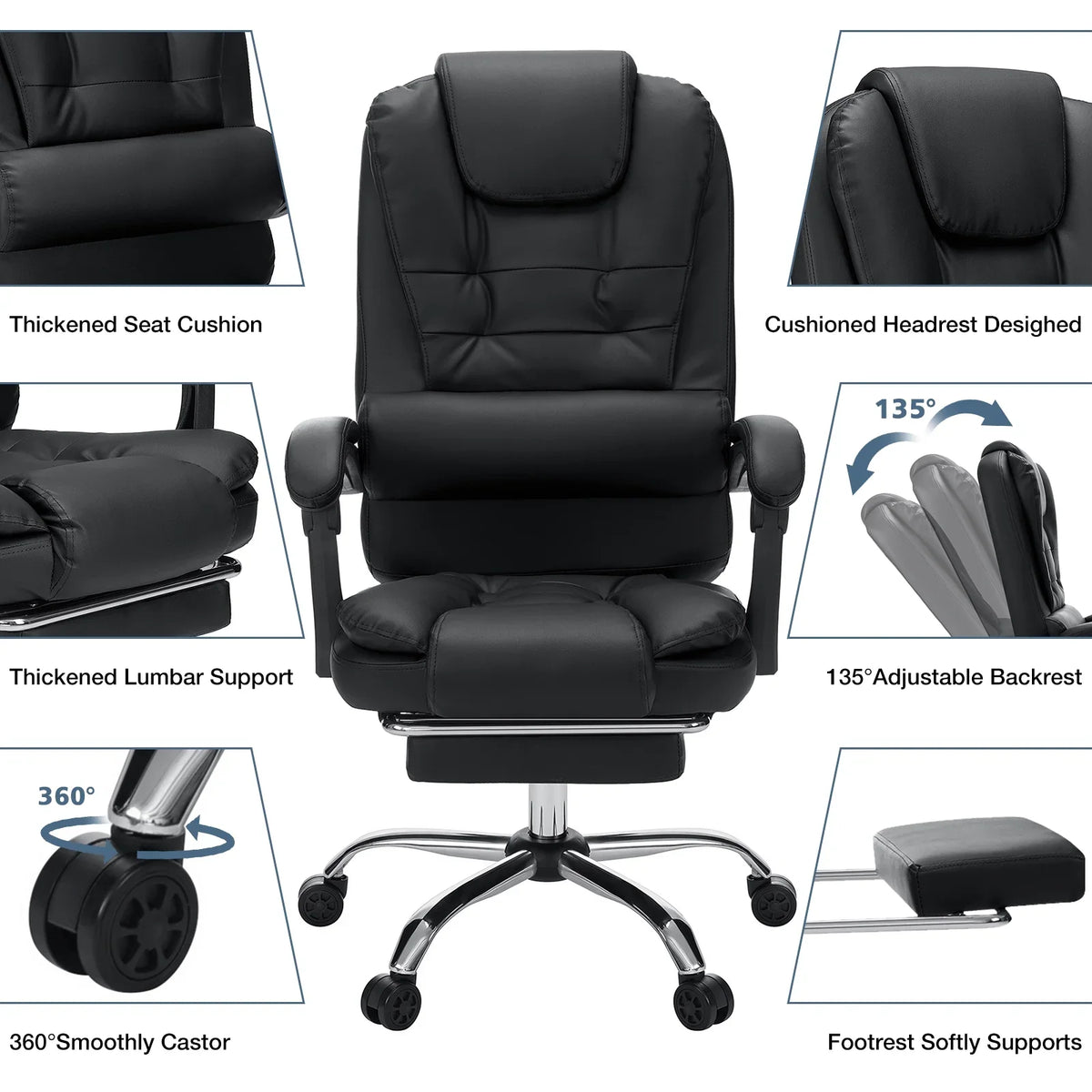 Hoffree Executive Office Chair Massage High Back Leather Office Chair with Footrest Reclining Computer Desk Chair Lumbar Back Support Swivel Rolling for Home Office Black