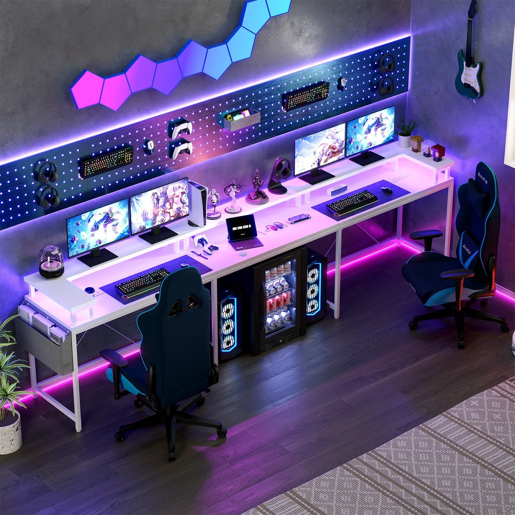Yesfashion U Shaped Computer Gaming Desk, Reversible L Shaped Desk with Power Outlets, LED Strip & Monitor Stand, Large Corner Desk with Storage Shelves