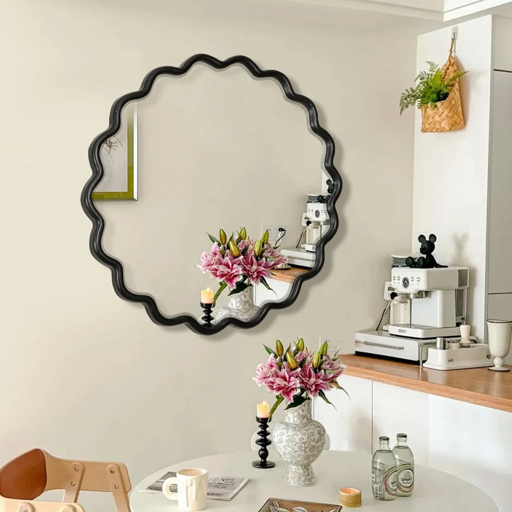 Solid Wood Wavy Frame Modern Mirror - 40x28 Inches Durable Farmhouse Wall Decor for Bathroom, Living Room & Entryway with Easy Install
