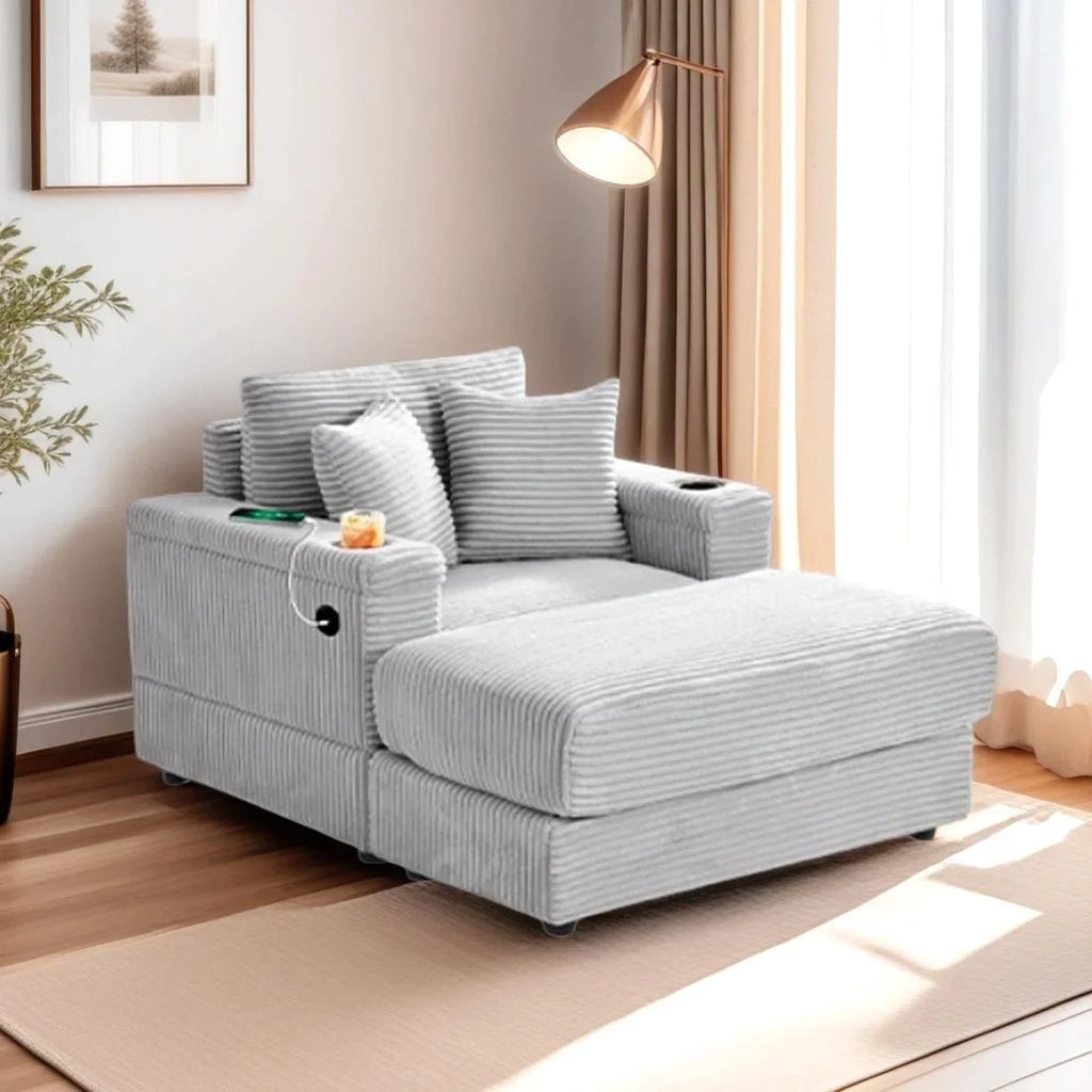 Wiilayok Oversized Lounge Chair Indoor,54" Corduroy Cloud Chaise Lounge Couch Indoor with Ottoman,Cup Holder for Living Room,Bedroom,Beige