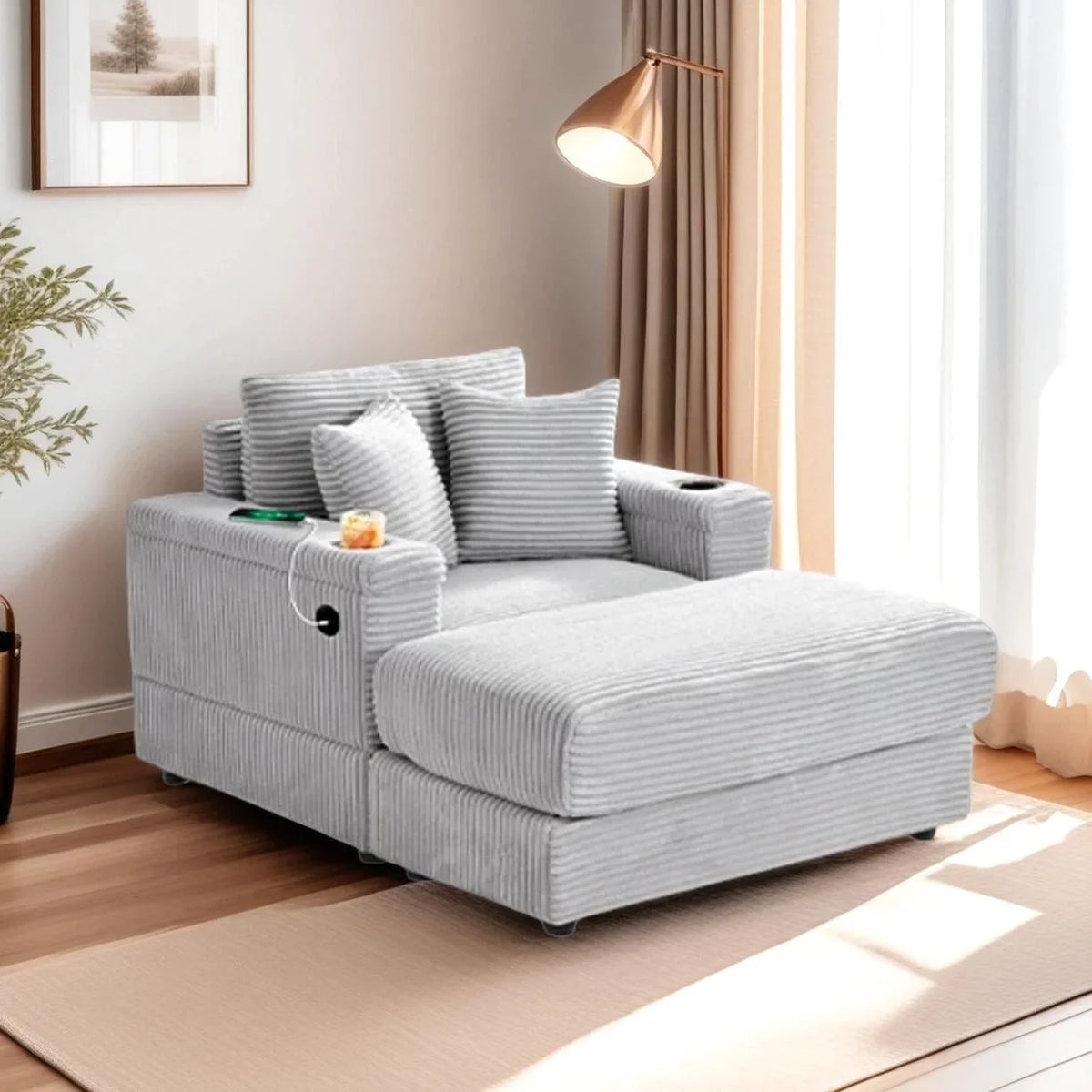 Wiilayok Oversized Lounge Chair Indoor,54" Corduroy Cloud Chaise Lounge Couch Indoor with Ottoman,Cup Holder for Living Room,Bedroom,Beige