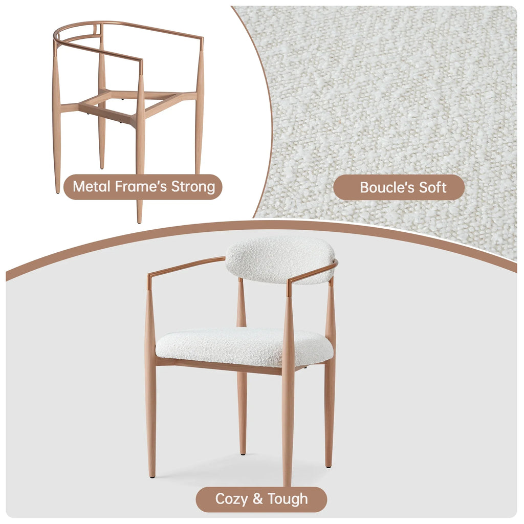 Set of 2 White Boucle Upholstered Dining Chair, Wood Grain Metal Frame Accent Chair for Kitchen Restaurant - Fortmok