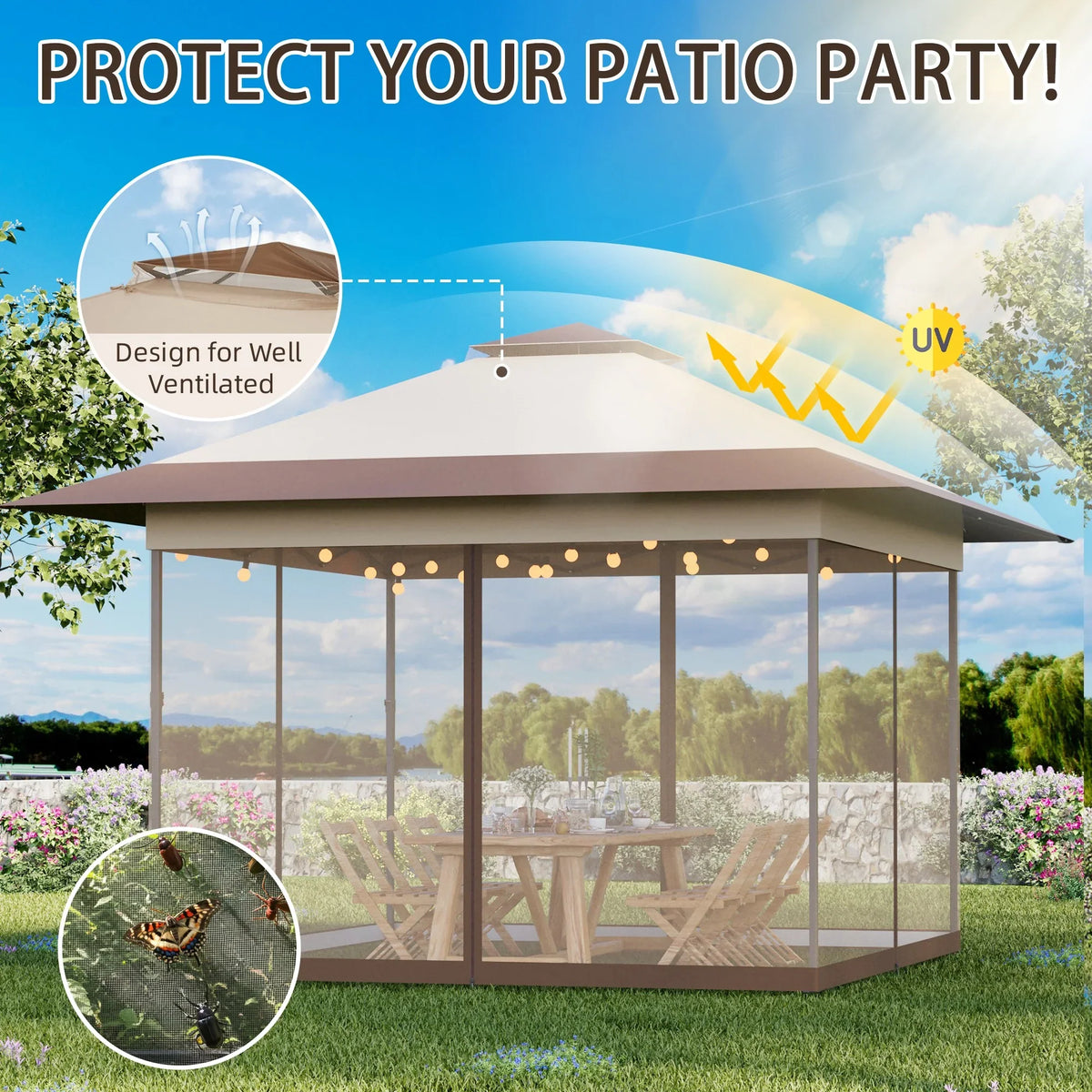 Bezseller 11x11 Pop up Gazebo, Outdoor Waterproof Canopy Tent with Mosquito Netting for Outdoors, Khaki