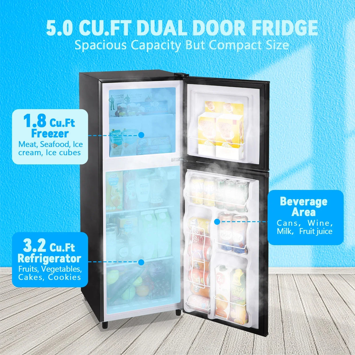 TACOOL Small Refrigerator with Freezer Mini Fridge with Removable Shelves LED Light for Apartment 5.0 Cu.Ft Black