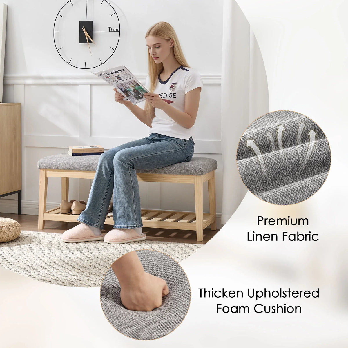 Zesthouse 42.9�?Shoe Bench with Storage, Entryway Bench for Living Room, Bedroom and Hallway, Linen Fabric Upholstered Bench with Solid Wood Shelf, Gray