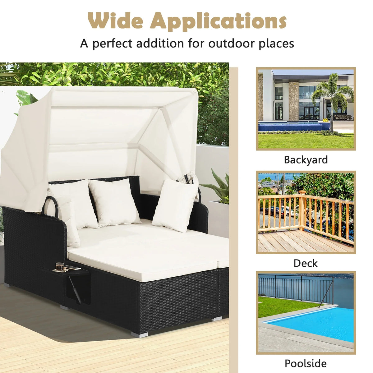Costway Patio Rattan Daybed Lounge Retractable Top Canopy Side Tables Cushions Red