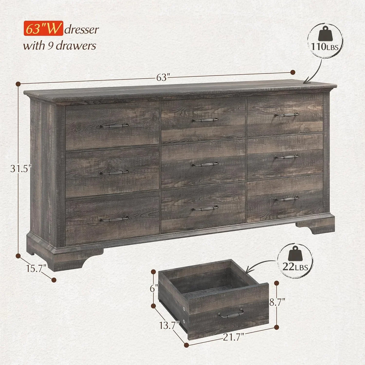EnHomee Wood Dresser for Bedroom 9 Drawer Dressers&Chest of Drawers 63"L x 15.7"W x 31.5"H,Brown