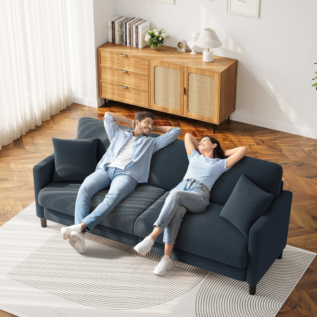 83" Comfortable Upholstered Sofa, 3 Seater Couch for Living Room, Neche Big Loveseat with Extra Deep Seats, 2 Pillows, Beige White