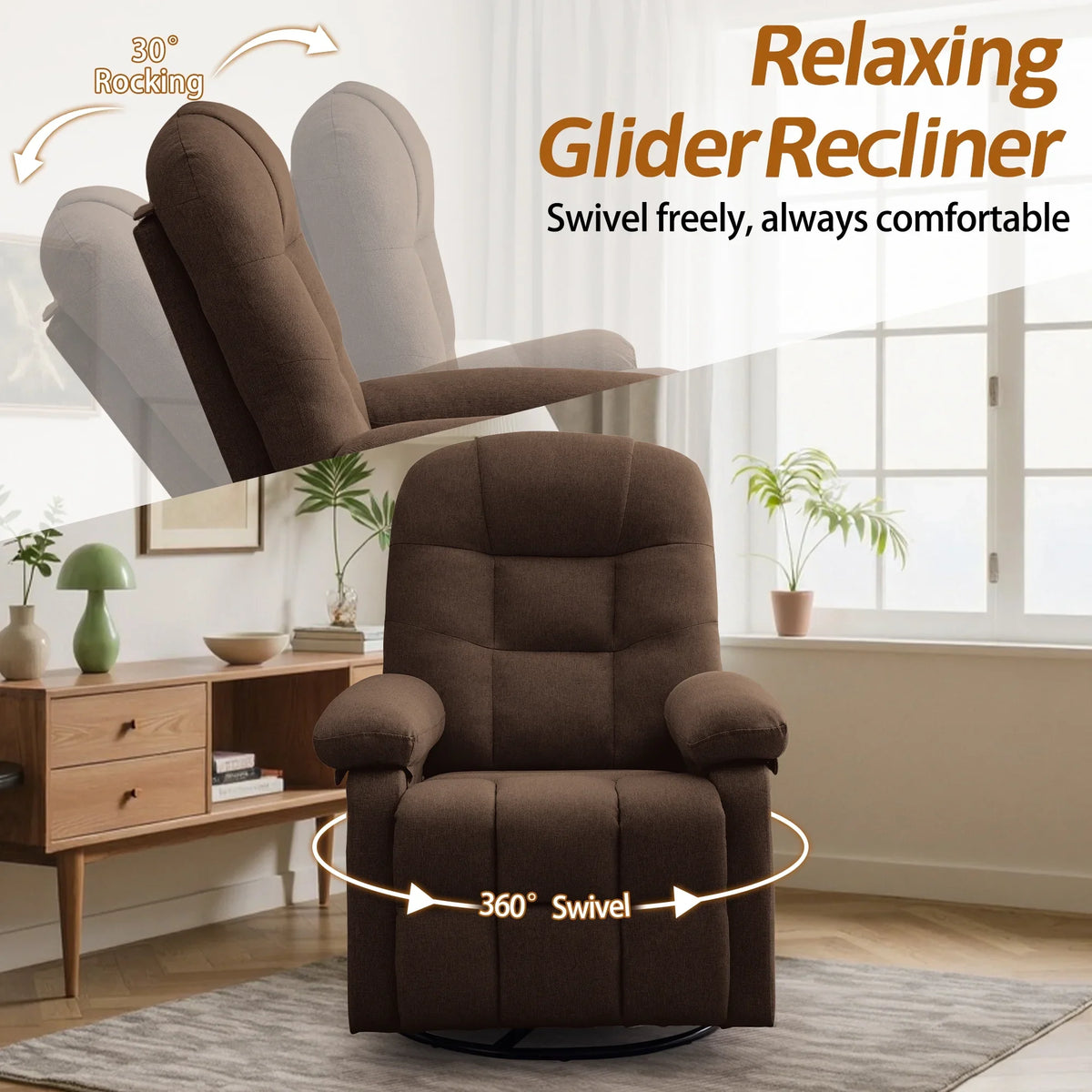 Korser Manual Swivel Rocker Recliner Chair for Living Room,Small Recliner Sofa for Small Spaces,Linen Fabric,Dark Black