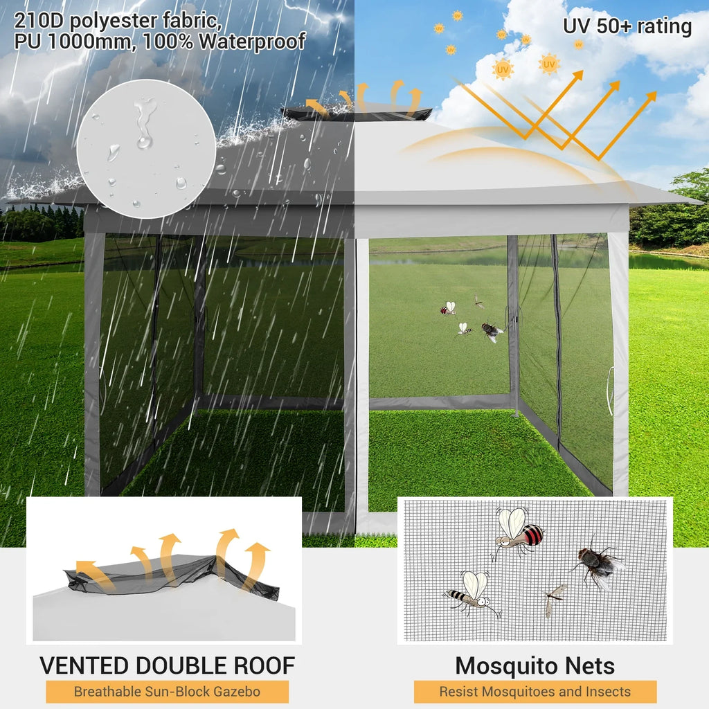 HOTEEL 12x12 Outdoor Pop-up Gazebo Canopy with Mosquito Netting 2-Tiered Vented Top 3 Adjustable Height for Backyard, Garden, Lawn,Light Grey