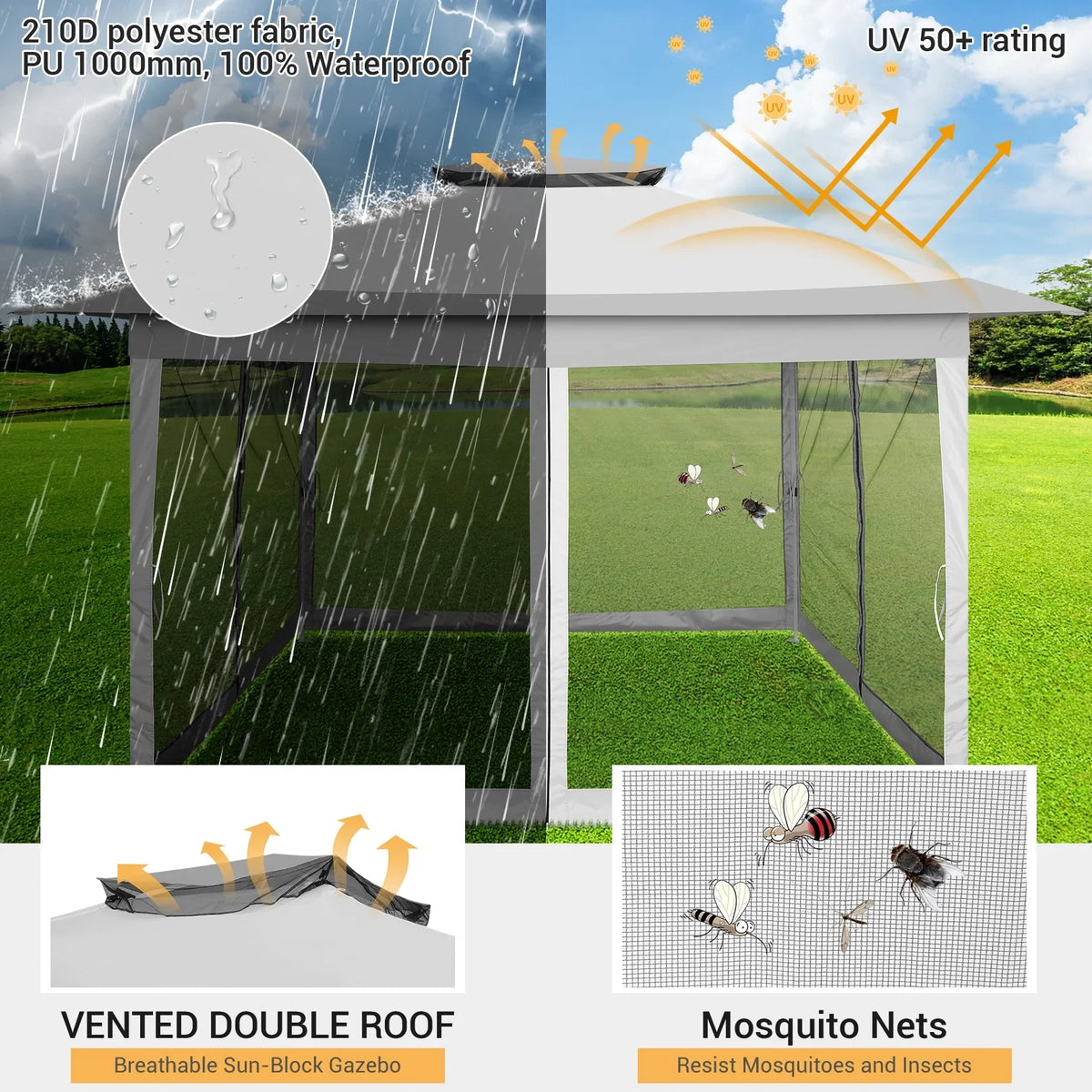 HOTEEL 12x12 Outdoor Pop-up Gazebo Canopy with Mosquito Netting 2-Tiered Vented Top 3 Adjustable Height for Backyard, Garden, Lawn,Light Grey