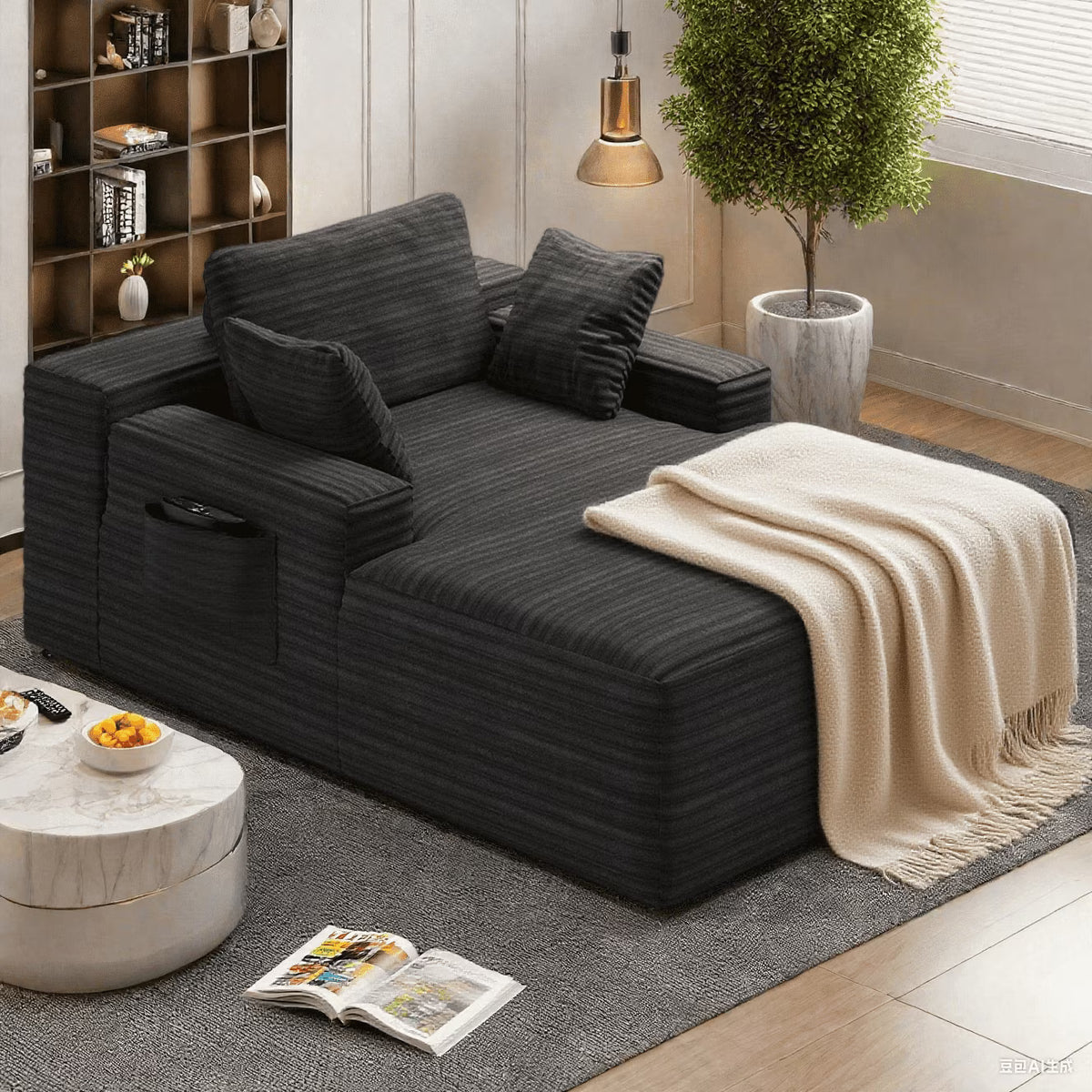 Lofka Oversized Chaise Lounge Indoor, 66"D Corduroy Upholstered Boneless Sofa Bed for Reading on Living Room & Bedroom, No Assembly Required (Beige)