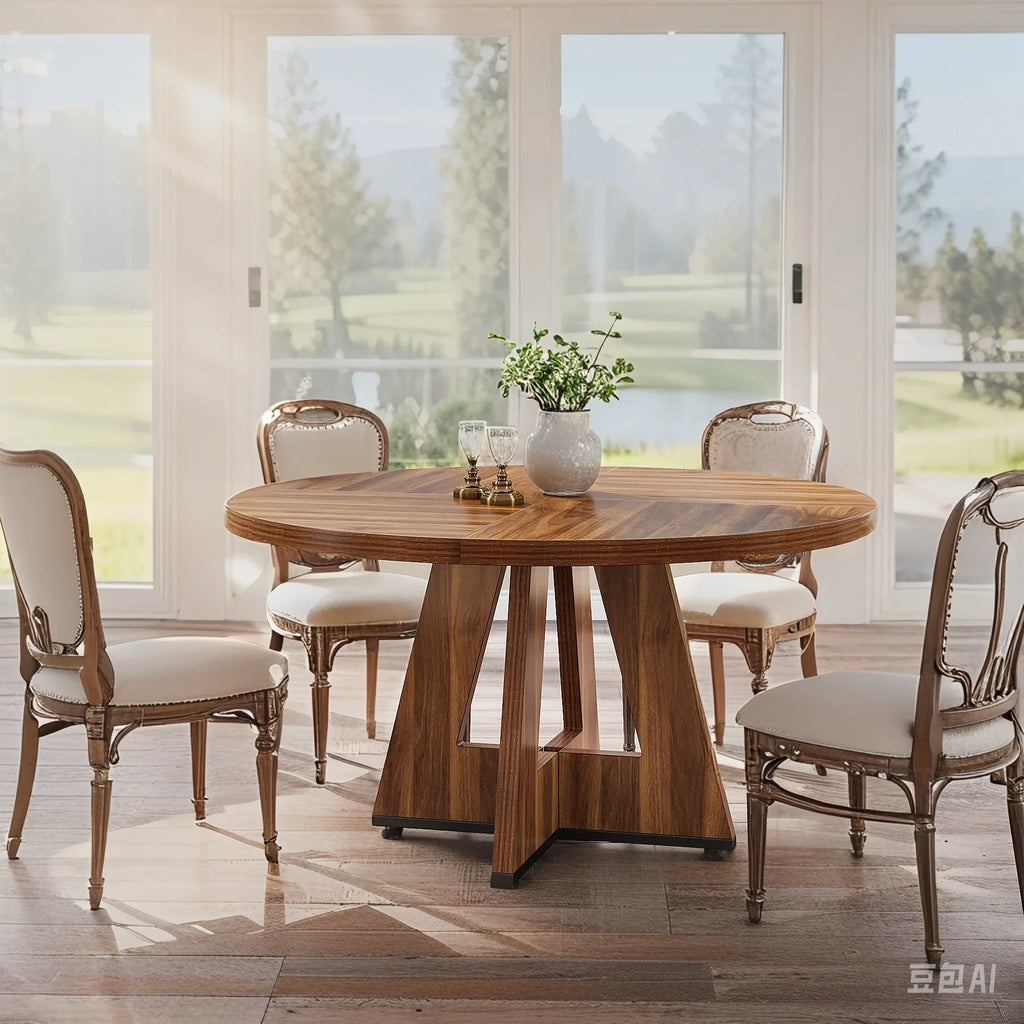 MAYEERTY Round Dining Table for 4, 47" Wood Kitchen Table Farmhouse Dinner Table