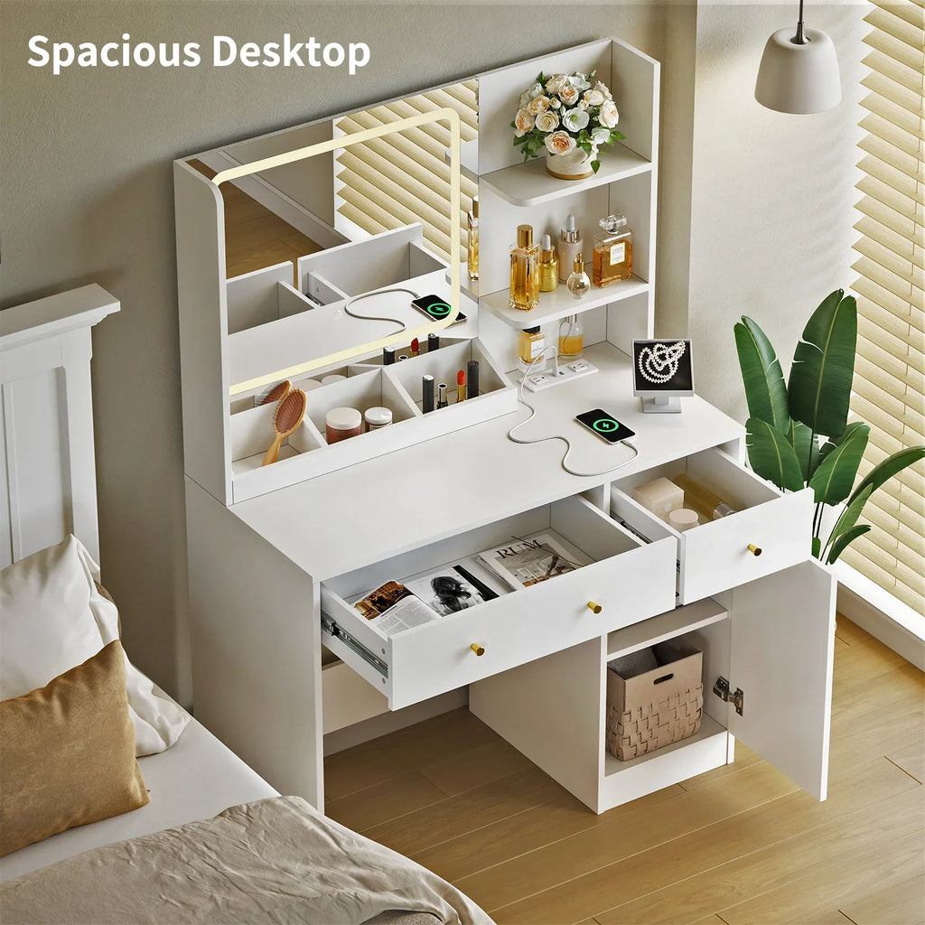 Fenbeli Vanity Set with Mirror and Lights, Makeup Vanity with 3 Drawers, Vanity Desk for Girls, Women, White