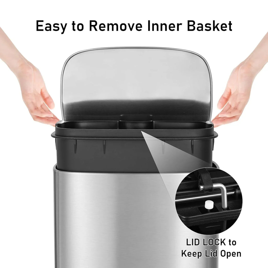 Arlopu Step Trash Can Combo Set, 13.2 Gallon & 1.3 Gallon, Stainless Steel Garbage Bin with Foot Pedal for Kitchen, Home, Office, Soft-Close Lid
