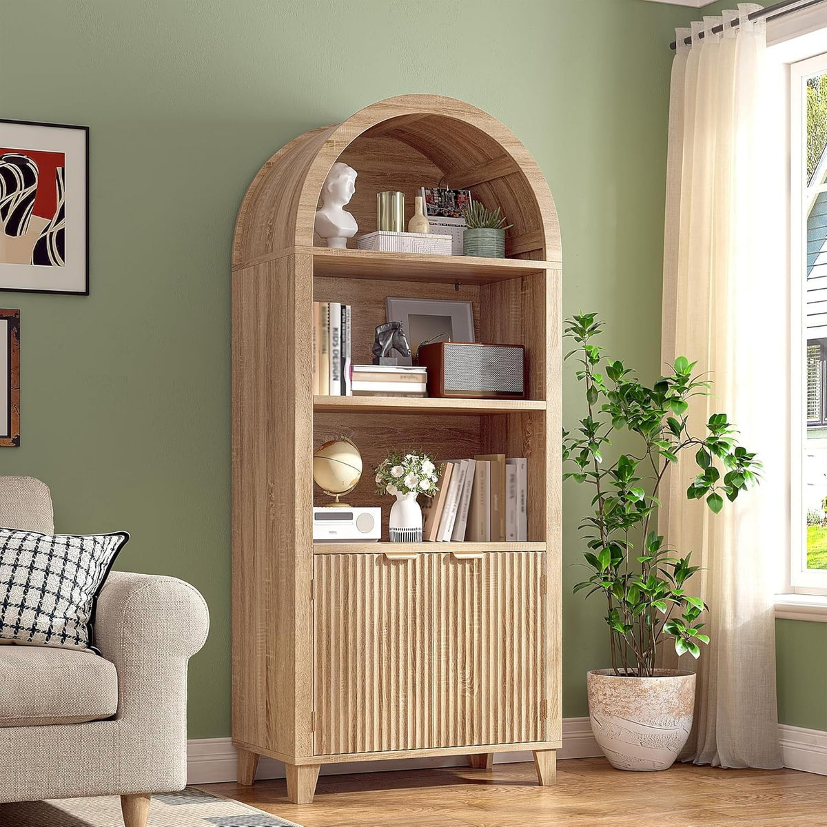 Bookshelf Arched Cabinet,5-Tier Arched Bookcase with Doors and Adjustable Shelves,Wooden Storage Cabinet with Open Display Shelf for Office,Living Room"Light Oak